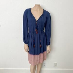 [Anthropologie] Holding Horses Blue Dip Dye Tie Front Peasant Mini Dress Size 14